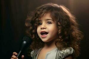 Artistic little girl with microphone singing. Generate Ai photo