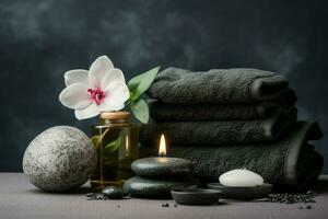 Composition of spa treatment on grey wall with tropical flower. Generate Ai photo