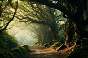 Beautiful trees in forest with green moss. Generate Ai photo
