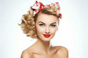 Beautiful girl smiling in pinup style with red lips. Generate Ai photo
