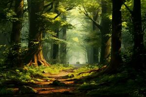 Beautiful trees in forest scene dawn. Generate Ai photo