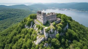 Fairytale medieval old royal castle on mountain, ancient green forest background, top view. AI generated. photo