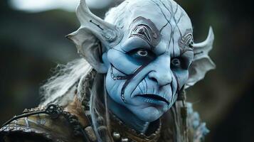 Blue-skinned young male creature of fantasy fairy tale magical stylization. AI generated. photo