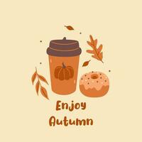 Postcard or poster with pumpkin drink and dessert. Vector graphics.