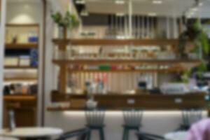 blurred of Wooden shelf counter in restaurant for background photo