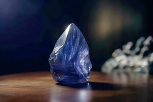 Benitoite is a rare precious natural stone on a black background. AI generated. Header banner mockup with space. photo