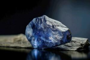 Benitoite is a rare precious natural stone on a black background. AI generated. Header banner mockup with space. photo