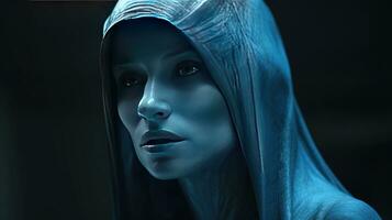 Blue-skinned young female creature of fantasy fairy tale magical stylization. AI generated. photo