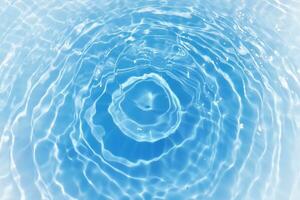 Defocus blurred transparent blue colored clear calm water surface texture with splashes and bubbles. Trendy abstract nature background. Water waves in sunlight with copy space. Blue watercolor shining photo