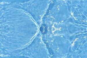 Blue water with ripples on the surface. Defocus blurred transparent blue colored clear calm water surface texture with splashes and bubbles. Water waves with shining pattern texture background. photo