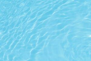 Defocus blurred transparent blue colored clear calm water surface texture with splashes reflection. Trendy abstract nature background. Water waves in sunlight with copy space. Blue watercolor shine. photo
