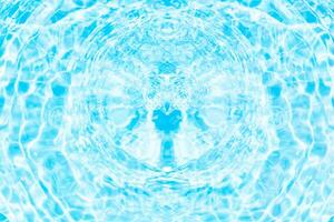 Defocus blurred transparent blue colored clear calm water surface texture with splashes reflection. Trendy abstract nature background. Water waves in sunlight with copy space. Blue watercolor shine. photo