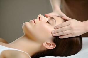 SPA massage of head, neck of happy woman. Beautiful body wellness relaxation. AI generated. photo