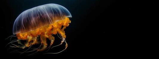 negro mar ortiga, raro naranja Medusa, oscuro antecedentes. ai generado. foto