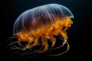 Black sea nettle, Rare orange jellyfish, dark background. AI generated. photo