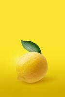 Creative layout made from lemon fruit and leaves isolated on yellow background photo
