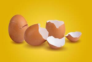 Empty broken chicken eggshell on yellow background photo