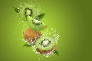 Creative layout made from Sliced of kiwi and water Splashing on a green background. photo