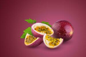 Whole passionfruit and a half of maracuya isolated on red background. photo