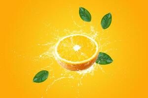 Creative layout made from Fresh Sliced oranges and Orange fruit and water Splashing on a pink background. photo