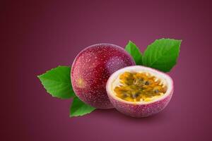 Whole passionfruit and a half of maracuya isolated on red background. photo