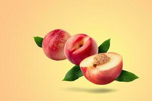 Ripe fresh peach fruit isolated on peach color background. photo