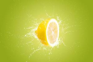 Creative layout made from Fresh Sliced lemon fruit and water Splashing on a green background. photo