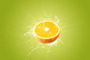 Creative layout made from Fresh Sliced lemon fruit and water Splashing on a green background. photo