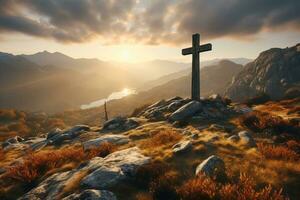 Christian religious cross on mountain, symbol of faith, night clouds background, lightning. AI generated. photo