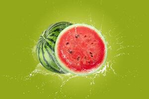 Creative layout made from watermelon and water Splashing on a green background. photo