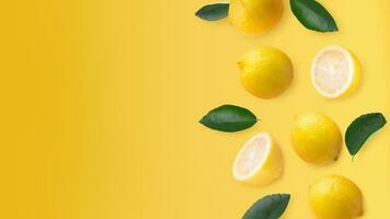 Creative layout made from lemon and green lemon leaves on a pastel yellow background photo