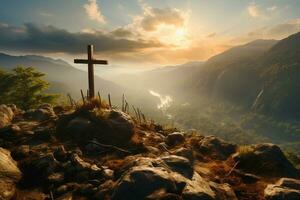 Christian religious cross on mountain, symbol of faith, night clouds background, lightning. AI generated. photo