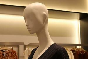 A mannequin stands on a display window in a supermarket. photo