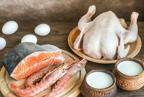 Protein diet raw products on the wooden background photo