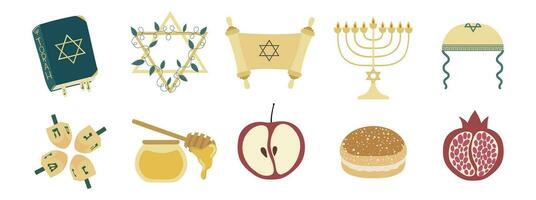 Big Jewish set with Tanakh, Star of David, Scroll Torah, Menorah and tradition holiday food vector