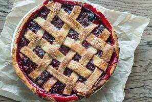 Cherry pie on the wooden background photo