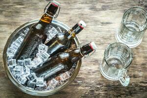 Bottles of beer in ice cubes photo