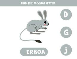 Find missing letter with cartoon jerboa. Spelling worksheet. vector