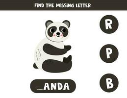 Find missing letter with cartoon panda. Spelling worksheet. vector