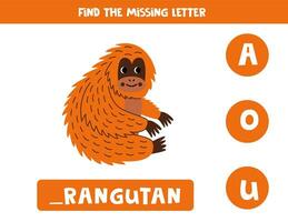 Find missing letter with cartoon orangutan. Spelling worksheet. vector