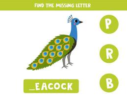 Find missing letter with cartoon peacock. Spelling worksheet. vector