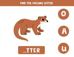 Find missing letter with cartoon otter. Spelling worksheet. vector