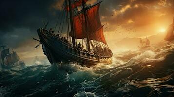 Viking ship in stormy sea. photo