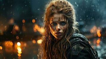 Portrait of a girl with blood on her face in the rain. Fairy tale story about warrior. photo