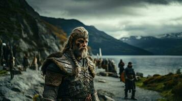 Finnish warrior in armor on the background of the fjord. photo