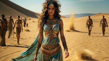 hermosa árabe mujer en el medio de el dunas de el Sáhara desierto. foto