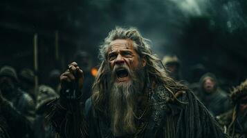 Medieval man angry yell with long beard and mustache on a dark background. photo