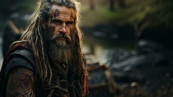 Portrait of an ancient warrior with dreadlocks in a forest. photo