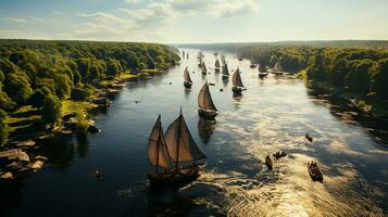 Sailing viking ships on Scandinavian lands. photo