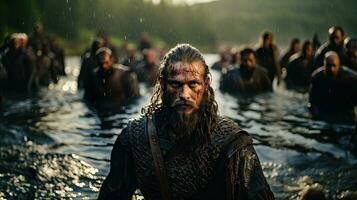 medieval guerrero en el agua. vikingo lucha para libertad. foto